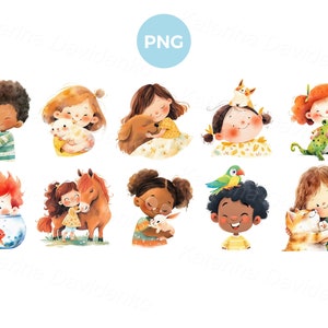Dibujos animados de niños felices con mascotas. Conjunto de imágenes prediseñadas. Lindos niños pequeños abrazando animales. Ilustraciones aisladas de acuarela, niños con mascotas PNG