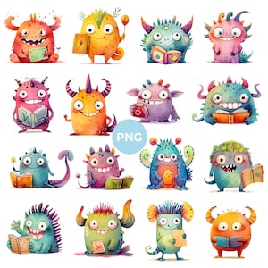 May include: A collection of colorful, watercolor-style monster illustrations. Each monster has a unique design, with horns, spikes, and various expressions. Many are holding books, suggesting a theme of learning or reading. The overall style is whimsical and playful.