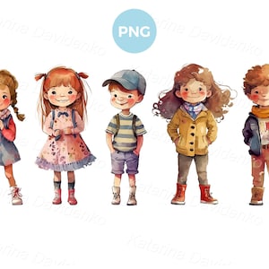 Aquarellkarikatur kleine Mädchen und Jungen mit verschiedenen Kleidern, die in einer Reihe stehen. Lokalisierte niedliche glückliche Kinder, lustige Vorschulkinder, PNG Clipart
