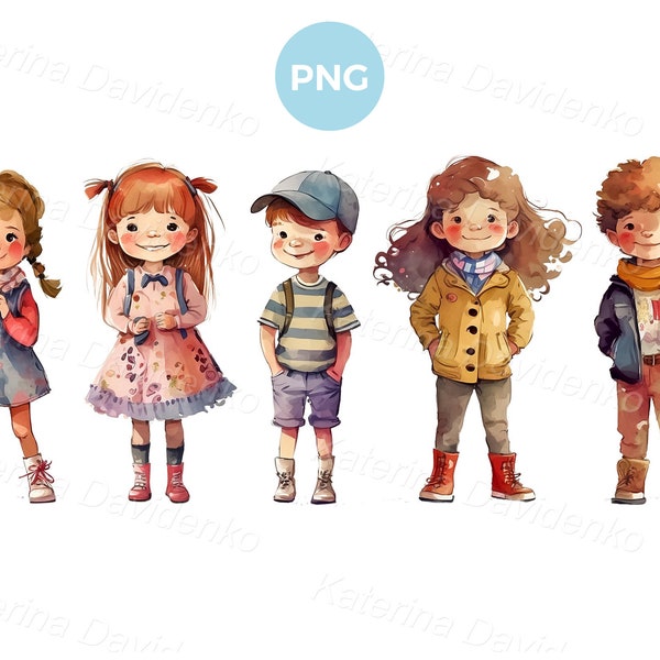 Watercolor cartoon little girls and boys with different clothes standing in a row. Isolated cute happy kids, funny preschoolers, PNG clipart