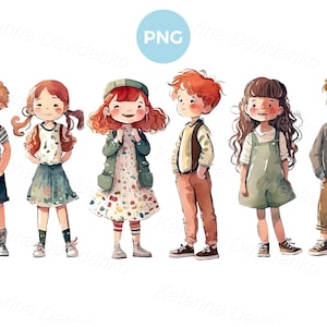 Cartoon kids stranding in a row. Happy children PNG clipart. Cute little girls and boys clip art, separate characters