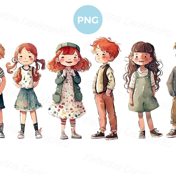 Enfants dessin animé échoués d'affilée. Enfants heureux PNG clipart. Clipart mignons de petites filles et de garçons, caractères séparés