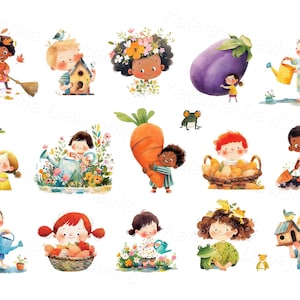 Felices niños de dibujos animados en el jardín, regando, plantando y recogiendo la cosecha. Conjunto de acuarela de personajes aislados. niños PNG cliparts