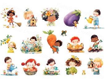 Happy cartoon little kids in the garden, watering, planting and gathering harvest. Watercolor set of isolated characters. Kids PNG clipart