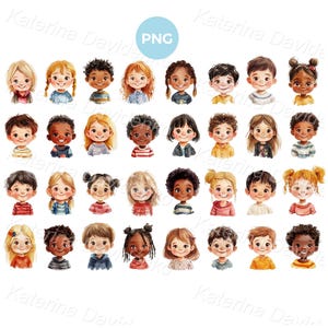 Imágenes prediseñadas de niños felices de dibujos animados de acuarela, imágenes prediseñadas de caras de niños multinacionales, archivos PNG de descarga digital, imágenes prediseñadas de cabezas de kinder