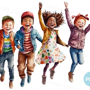 Zeichentrick Kinder PNG Clipart. Vier fröhliche Kinder, fröhliche ethnische Kinder in einer Reihe, lachende Freunde, Aquarellmalerei