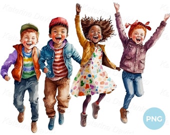 Cartoon kinderen png-clipart. Vier schattige kinderen springen van vreugde, blije multinationale kinderen op een rij, lachende vrienden, aquarel