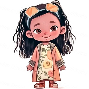 May include: A cartoon illustration of a young girl with long, dark curly hair wearing a peach-colored coat over a floral dress and sunglasses.