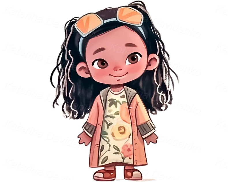 May include: A cartoon illustration of a young girl with long, dark curly hair wearing a peach-colored coat over a floral dress and sunglasses.