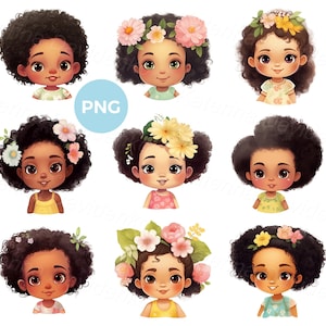 Set of happy children faces, cartoon little girls, kids PNG clipart, funny kids icons, preschool children faces clipart