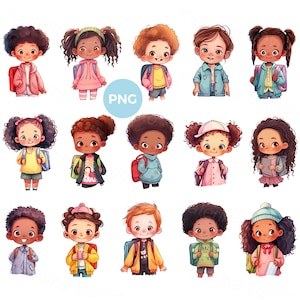 Lindos dibujos animados de niños PNG clipart, retratos aislados de niños de la escuela con mochilas, conjunto de niños y niñas multinacionales, clipart de niños