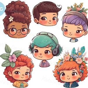 Ensemble d’enfants de dessins animés mignons font face à des cliparts PNG. clipart d'anime pour enfants. téléchargement instantané numérique
