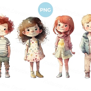 Lindos niños de dibujos animados con diferentes peinados y ropa parados en fila. Acuarela niños felices PNG cliparts descarga gratuita
