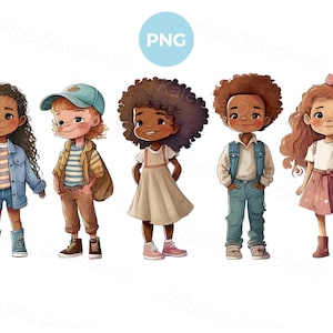 Grupo de niños con diferentes ropas de primavera de pie en una fila, niños lindos de acuarela png clipart, niños y niñas de dibujos animados sonrientes felices