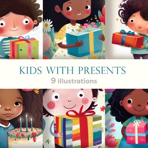 Conjunto de clipart de crianças de desenho animado com presentes. Crianças fofas segurando caixas de presente. Coleção de clipart de saudação, ilustração para livro infantil
