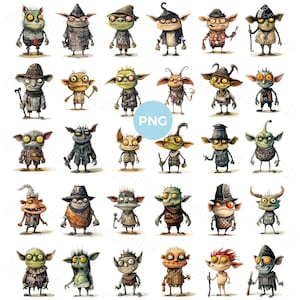 May include: A collection of whimsical goblin illustrations. Each goblin is uniquely designed with varying skin tones, clothing, and accessories, including hats, coats, and staffs. The goblins have exaggerated features and expressive faces, creating a playful and fantastical theme.