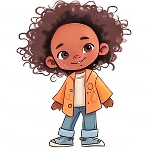 May include: A cartoon illustration of a young person with brown skin and curly brown hair wearing a yellow jacket, blue jeans, and blue sneakers.