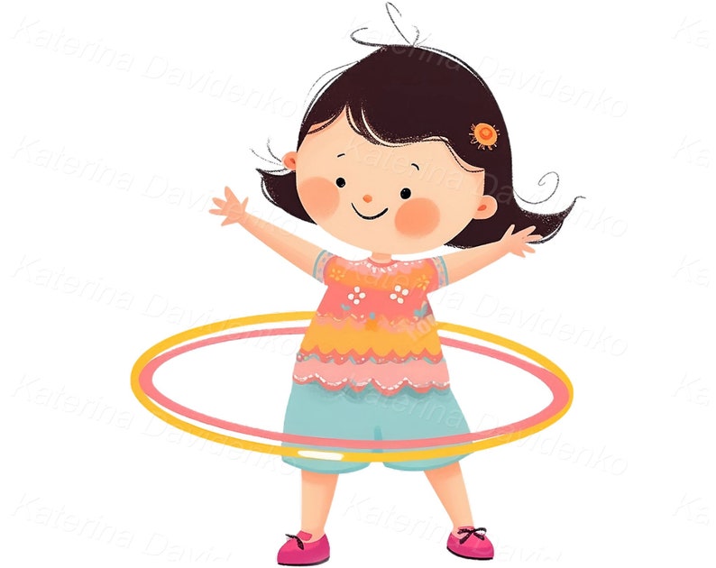 May include: A girl with black hair and a pink and yellow shirt is playing with a yellow and pink hula hoop.
