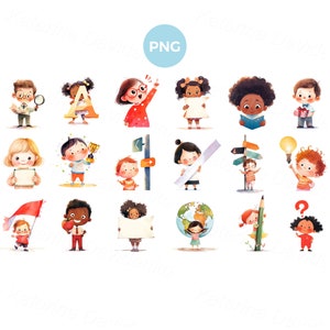 Dibujos de niños pequeños con diferentes símbolos, signos y objetos. Clipart de actividades para niños, personajes aislados, conjunto de imágenes prediseñadas PNG de acuarela