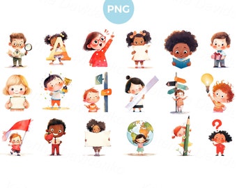 Cartoon little children with different symbol signs and objects. Kids activities clipart, isolated characters, watercolor PNG clipart set