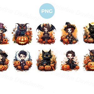 Set of Halloween stickers with cartoon kids, pumpkins, cats and owls. Witch and vampire icons, transparent PNG, autumn holliday clipart