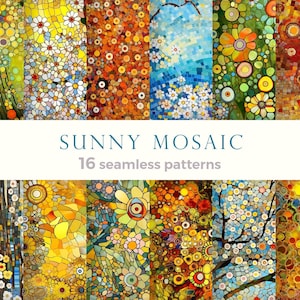 May include: A collection of 16 seamless patterns with a mosaic design. The patterns feature colorful floral and abstract designs in shades of yellow, orange, blue, and green. The text "SUNNY MOSAIC" and "16 seamless patterns" are displayed.