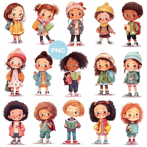 Cartoon PNG Happy Girl Standing with Book and Backpack Clipart Isolated Little Schoolkids Icons Multiethnic Cartoon School Children PNG Set