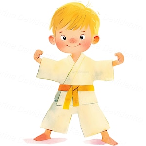 May include: A young person wearing a white karate uniform with a yellow belt. The person is standing with their fists clenched and their arms raised.
