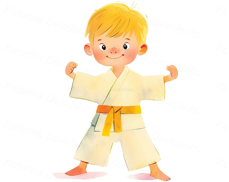 May include: A young person wearing a white karate uniform with a yellow belt. The person is standing with their fists clenched and their arms raised.