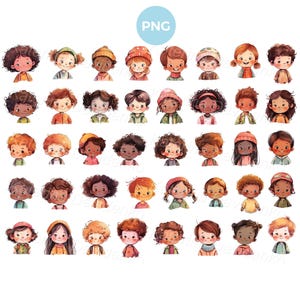 Set of cute cartoon ethnic children face clipart, isolated PNG kids head clipart, watercolor boys and girls faces, digital download