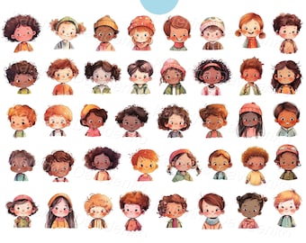 Set of cute cartoon ethnic children face clipart, isolated PNG kids head clipart, watercolor boys and girls faces, digital download