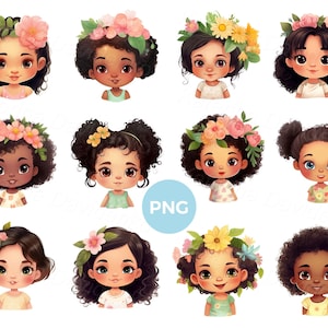 Cartoon happy kids faces clipart, set of little girls avatars, preschool children PNG clipart set