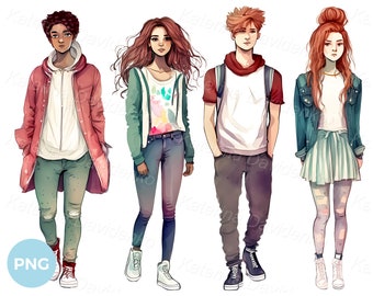 Group of trendy young people standing in row. Cartoon teenager PNG clipart. Digital download. Watercolor cartoon teens clipart