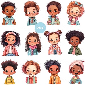 Set of multinational cartoon little kids clipart, smiling children faces clip art, boys and girls avatars, digital download PNG files