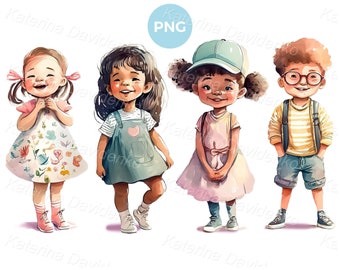 Kids PNG clipart. Cute little cartoon happy girls and boy standing in a row. Smiling watercolor children clipart. Digital download