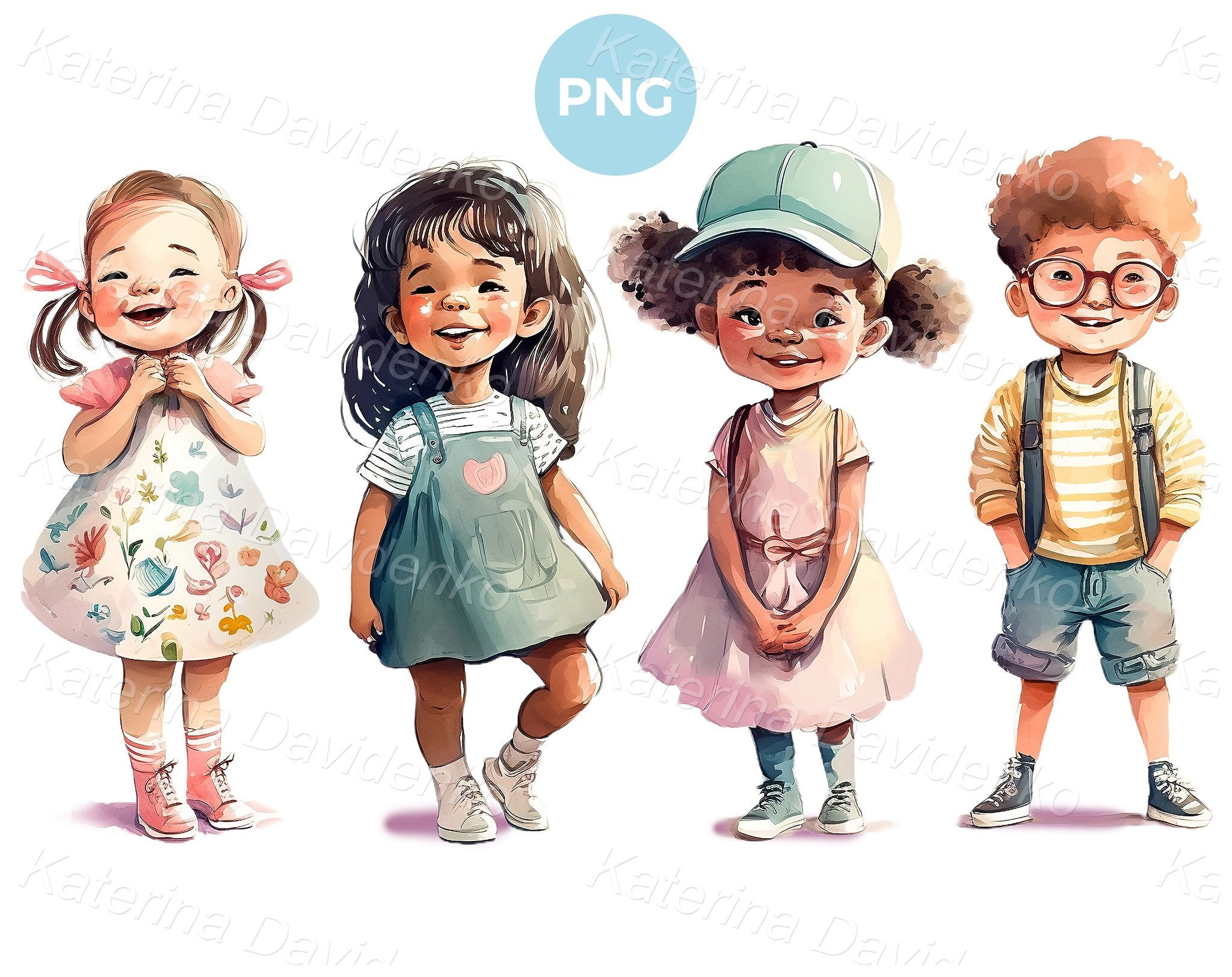 Kids PNG clipart. Cute little cartoon happy girls and boy standing in a row. Smiling watercolor children clipart. Digital download