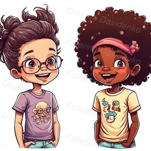 Portrait of cute cartoon kids on white background. Watercolor painting.