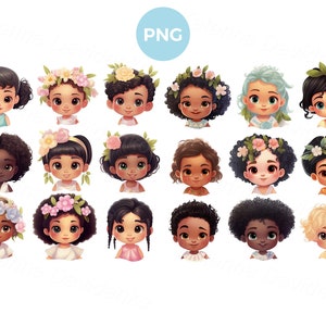 Set of cartoon children faces. Transparent PNG kids clipart. Cartoon kids faces, digital download