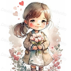 Watercolor printable painting. Cute cartoon little girl with bouquet of flowers. Nursery art. Digital download kids wall art