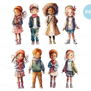 Niños de dibujos animados de pie en diferentes poses, niños de acuarela PNG aislados, clipart PNG, niños y niñas sonrientes felices, clipart de niños