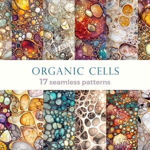 Peut inclure: Une collection de 17 motifs sans couture avec un design de cellules organiques. Les motifs présentent une variété de couleurs, notamment le jaune, l'orange, le rouge, le bleu et le violet. Le texte "ORGANIC CELLS" et "17 seamless patterns" est affiché.