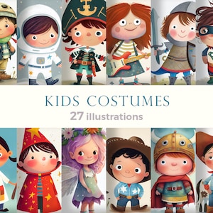 Dibujos animados de niños pequeños con diferentes disfraces, como mago, hada, niño vaquero, pirata, superhéroe, ilustraciones para libros infantiles.