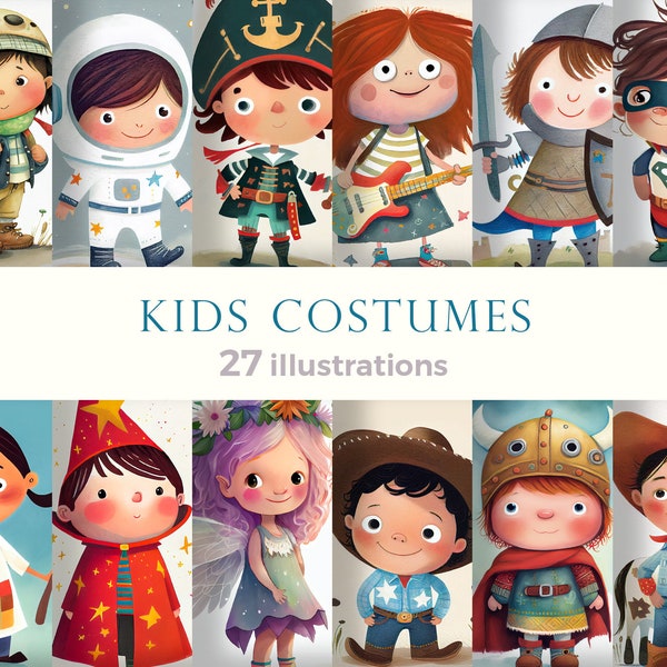 Cartoon little kids in different costumes like wizard, fairy, cowboy, pirate, superhero. Clipart set, illustrations for children's book