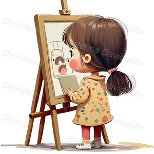 Cartoon little girl painting a picture on an easel. Digital download, kid clipart