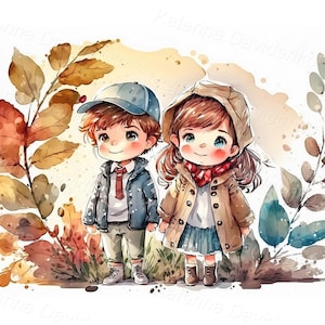 Watercolor painting of cute cartoon little children. Kids standing outdoors in warm clothes on background of autumn leaves