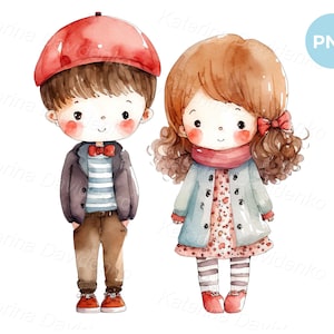 Imágenes prediseñadas PNG para niños, pintura en acuarela de niños pequeños lindos, niño y niña de dibujos animados, arte infantil, niños en acuarela