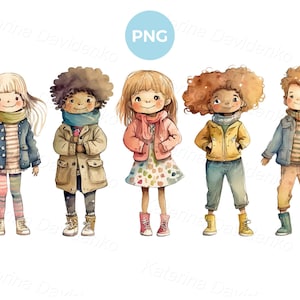 Niños de escuela de dibujos animados sonrientes PNG clipart. Lindas niñas y niños parados en fila con ropa de otoño. Clipart de niños felices en acuarela