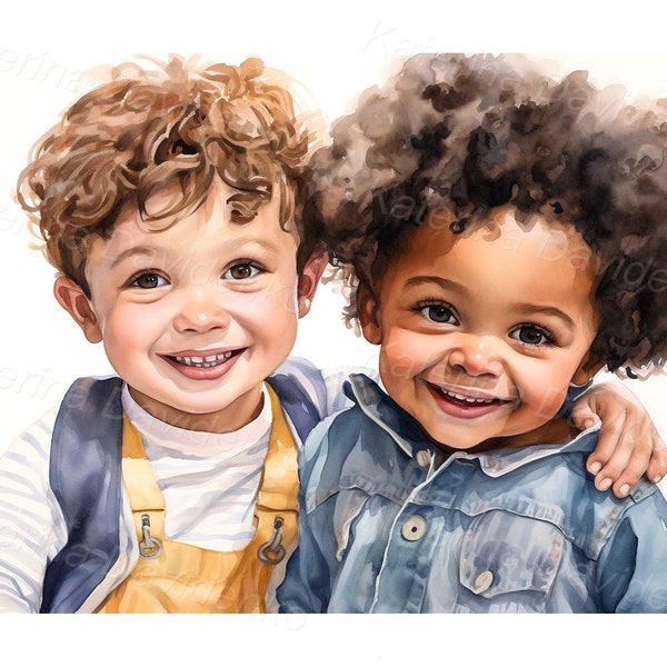 Watercolor portrait of two smiling little children, happy hugging kids, looking at camera, isolated on white background. Digital download