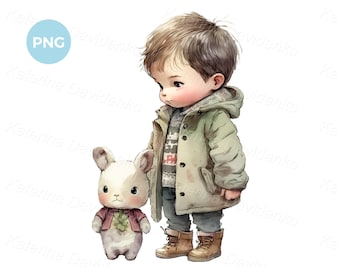 PNG clipart. Little boy in autumn clothes standing outdoor with a toy bunny and flowers. Child with rabbit. Nursery art, watercolor painting