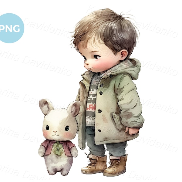 PNG clipart. Little boy in autumn clothes standing outdoor with a toy bunny and flowers. Child with rabbit. Nursery art, watercolor painting